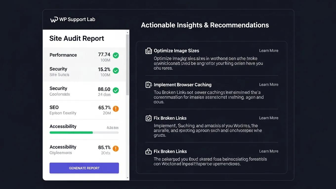 WordPress Site Audit: 7 Powerful Steps for Ultimate Performance 2 WP Support Lab site audit report and recommendations panel