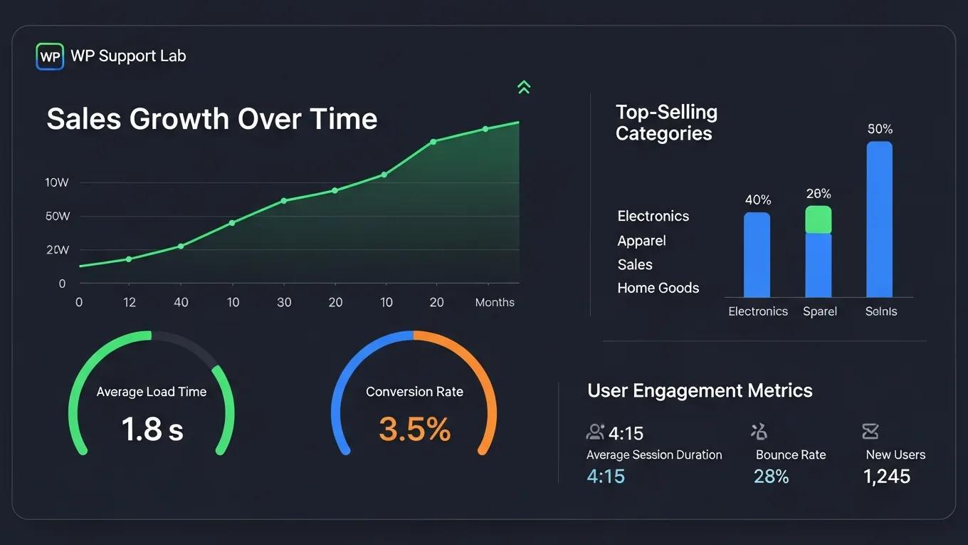 WooCommerce Store Optimization: 7 Proven Tips for Growth 2 WP Support Lab WooCommerce growth analytics and performance panel with key metrics