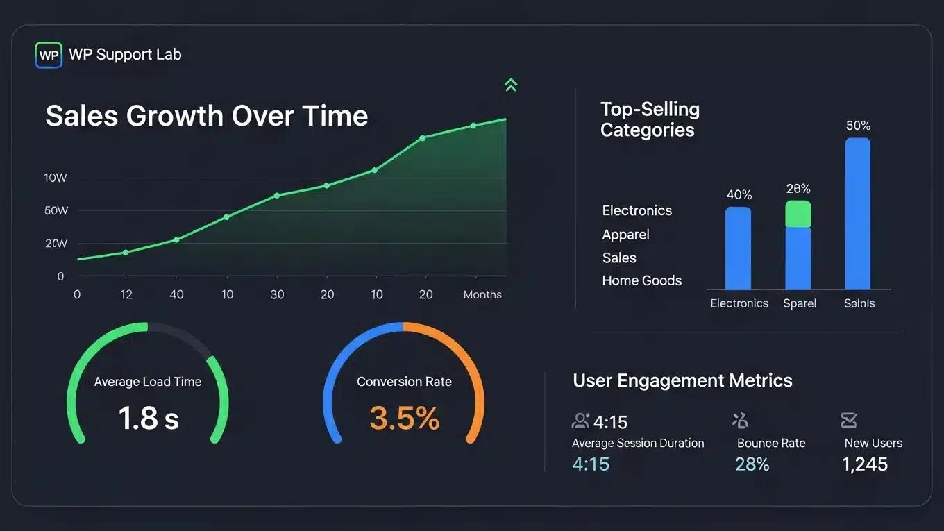 WooCommerce Store Optimization: 7 Proven Tips for Growth 2 WP Support Lab WooCommerce growth analytics and performance panel with key metrics