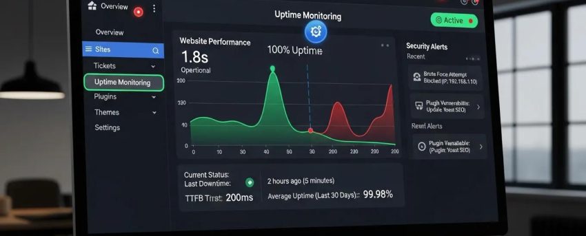 24/7 WordPress support dashboard with uptime monitoring