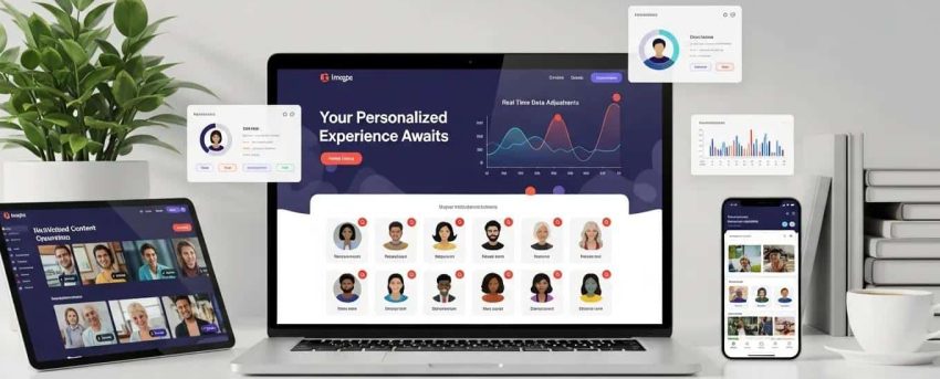 AI-driven website customization interface on a laptop, showcasing personalized user experiences