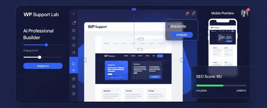 AI website builder dashboard showcasing drag-and-drop layout editor and SEO score meter