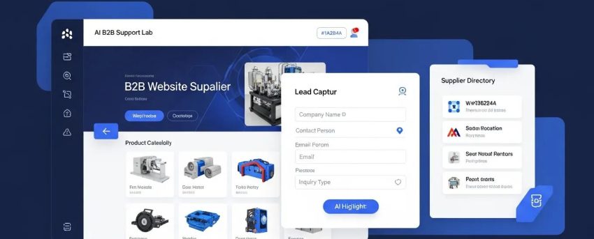 AI website builder dashboard showcasing industrial supplier homepage with product catalog and lead capture form