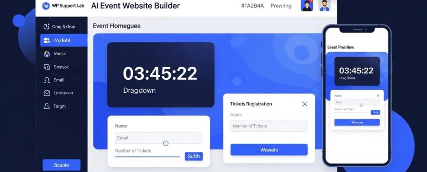 AI website builder for event sites dashboard showcasing drag-and-drop functionality and event registration features
