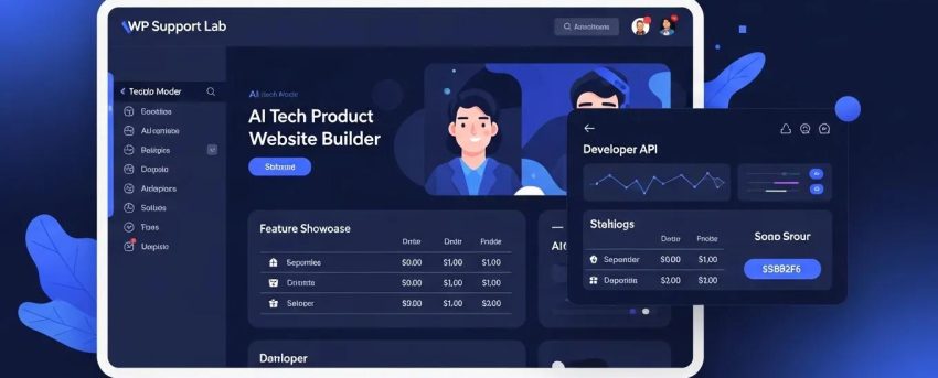AI website builder for tech product sites interface showcasing modern design elements and WP Support Lab branding