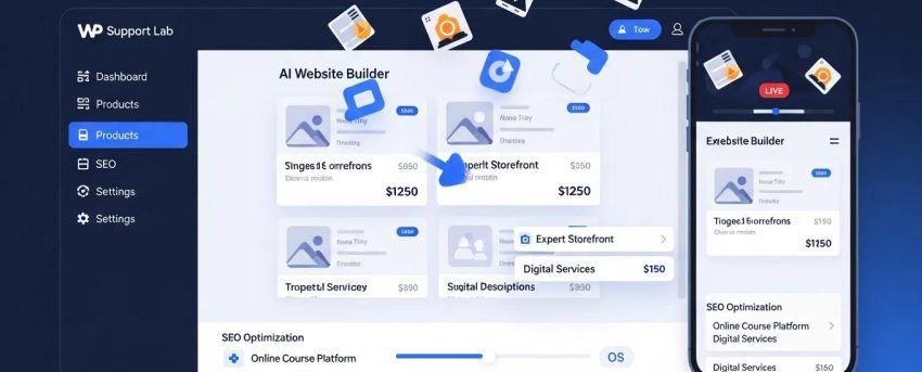 AI website builder interface showcasing real-time expertise storefront generation with product listings and SEO tags