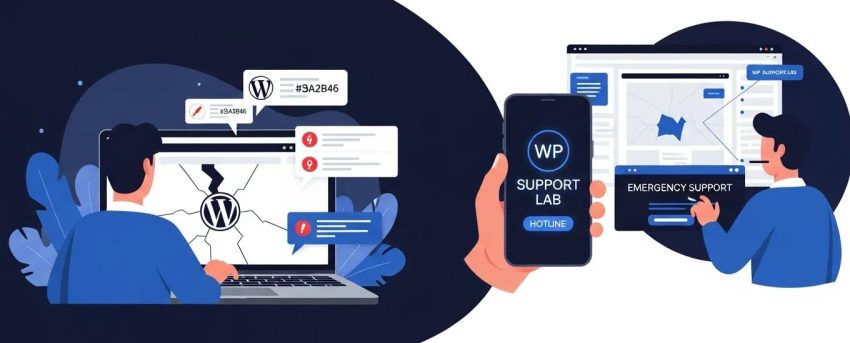 Business owner facing a broken WordPress site with error codes, highlighting the need for WP Support Lab emergency support