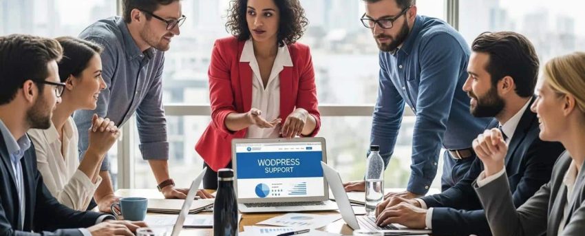 Business owners discussing WordPress support services in a modern office