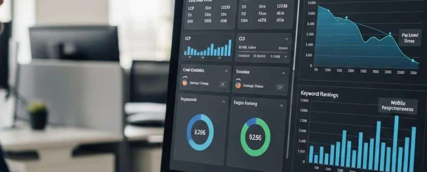 Close-up of a computer screen showing website performance metrics related to technical SEO