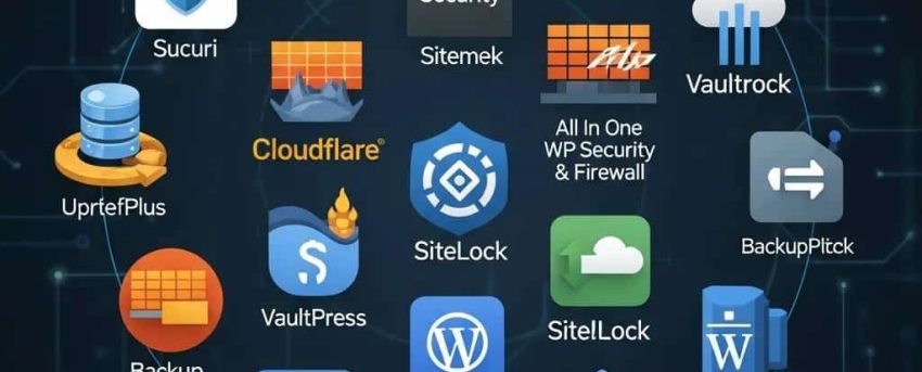 Collection of WordPress security tools icons including plugins and firewalls