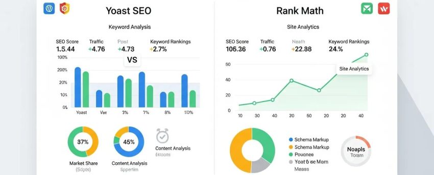 Comparison of WordPress SEO plugins Yoast and Rank Math highlighting key features