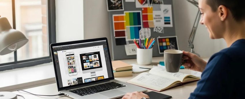 Designer working on responsive website layout on a laptop, emphasizing modern design tools and mobile optimization