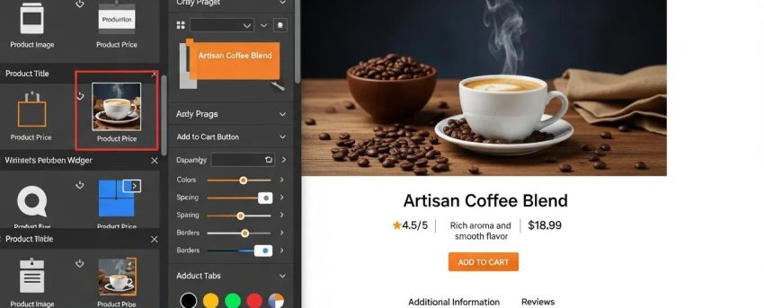 Elementor WooCommerce product page builder interface showcasing customizable design elements