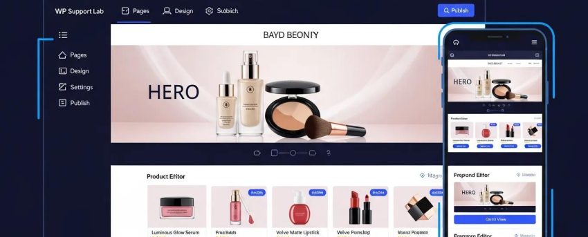 Fashion beauty website builder dashboard showcasing a luxury beauty brand homepage and product gallery