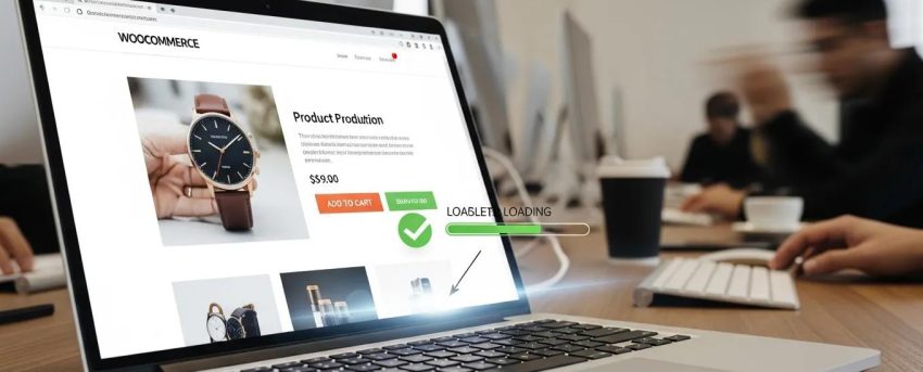 Fast-loading WooCommerce online store on a laptop, symbolizing speed optimization