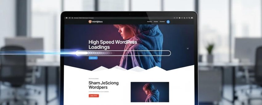 High-speed WordPress website loading on a laptop in a modern office setting