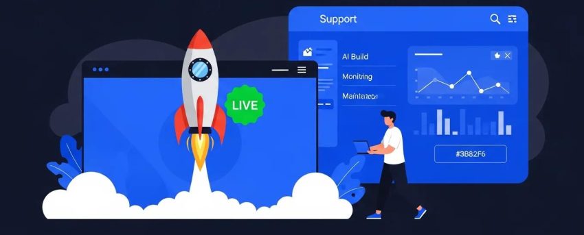 Illustration of an AI website launch with WP Support Lab expert monitoring and support dashboard