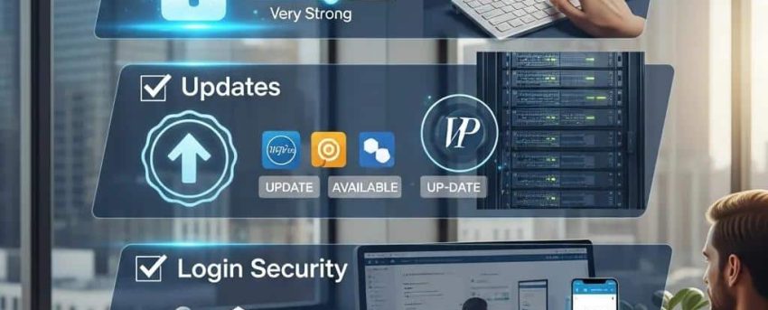 Illustration of best practices for WordPress site security with checklist elements