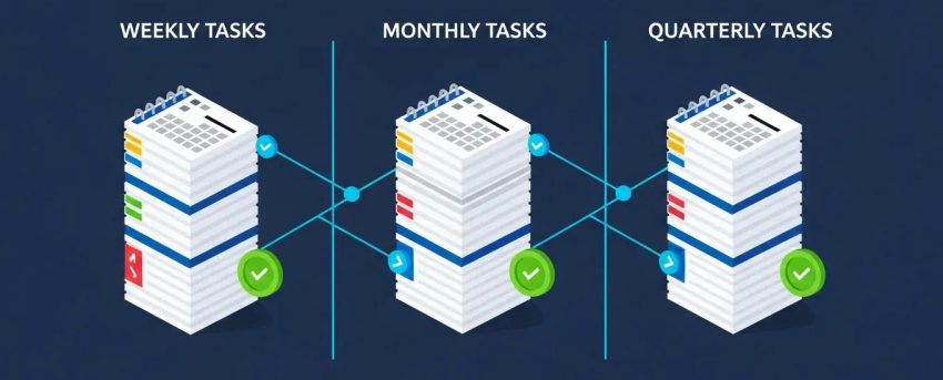 Isometric illustration of a WordPress maintenance calendar displaying weekly, monthly, and quarterly tasks with completion badges