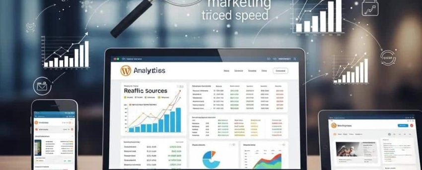 Laptop with website analytics dashboard and SEO elements illustrating WordPress SEO techniques