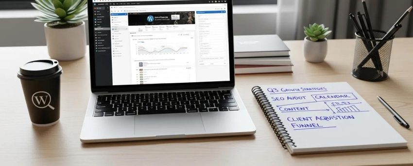 Modern digital marketing workspace with WordPress dashboard and growth strategy notes