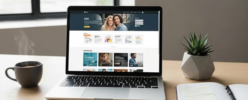 Modern web design workspace with a laptop displaying a responsive website, emphasizing innovation and creativity in web design trends.