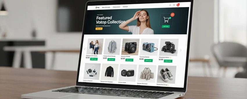 Modern WooCommerce store interface on a laptop showcasing vibrant product displays