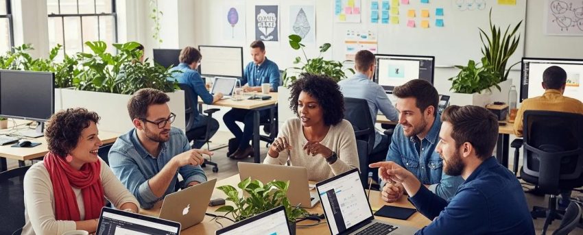 Modern WordPress agency workspace with team collaboration and digital tools