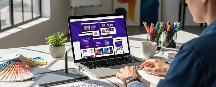Modern workspace with a designer creating responsive web design on a laptop