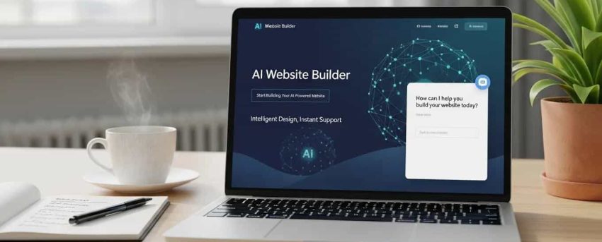 Modern workspace with a laptop displaying an AI website builder interface