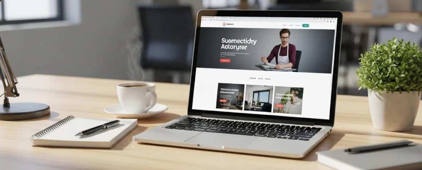 Modern workspace with a laptop showcasing a beautifully designed website, emphasizing managed AI website creation services