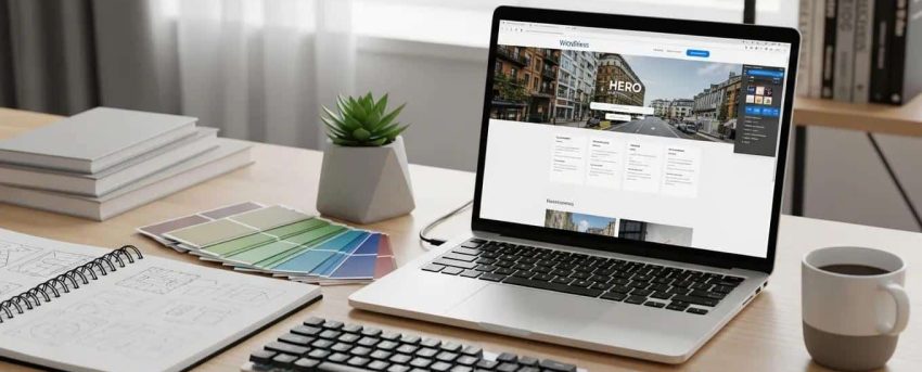 Modern workspace with a laptop showing a custom WordPress theme design and creative tools