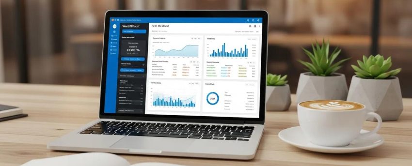 Modern workspace with a laptop showing WordPress SEO dashboard and productivity elements
