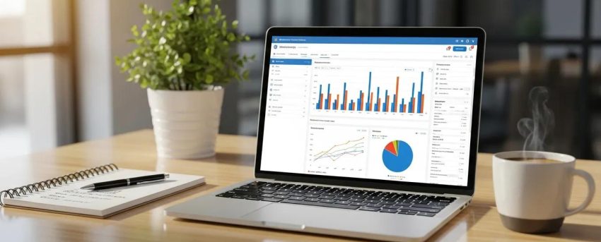 Modern workspace with a laptop showing WordPress SEO plugin dashboard