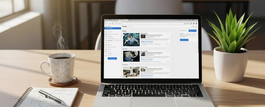 Modern workspace with laptop showing WordPress dashboard and productivity elements