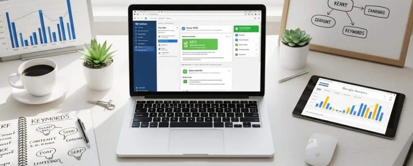 Modern workspace with laptop showing WordPress dashboard and SEO elements