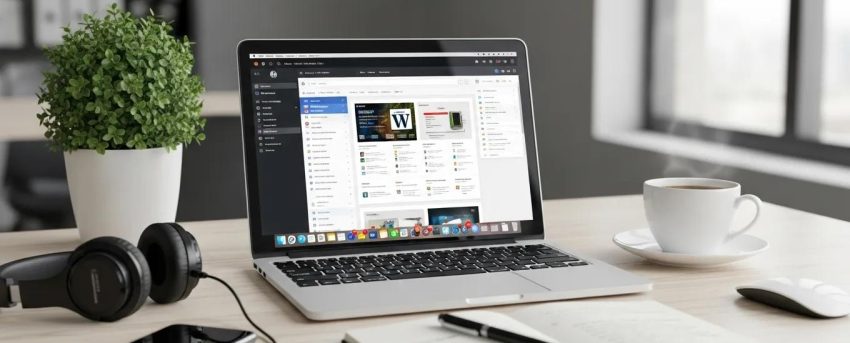Modern workspace with laptop showing WordPress dashboard, coffee cup, and notepad