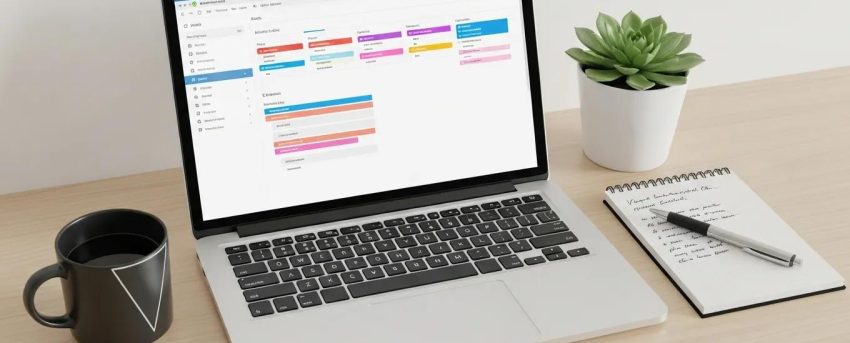 Modern workspace with WordPress dashboard on laptop, enhancing website management