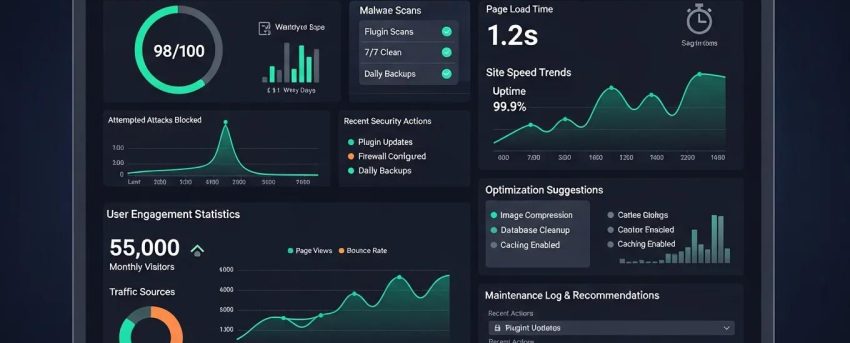 Overview of WordPress maintenance benefits with security and performance metrics