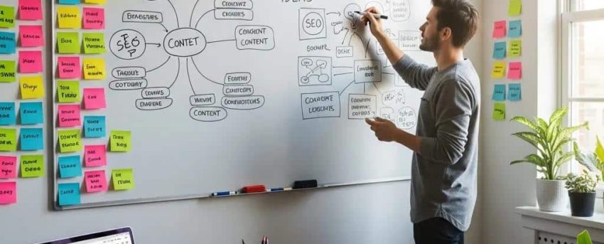 Person brainstorming content ideas in a creative workspace, highlighting content strategy for SEO