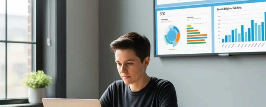 Person working on a laptop in a modern workspace, emphasizing WordPress SEO success