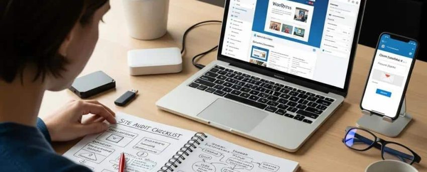 Person working on WordPress troubleshooting with tools and notes