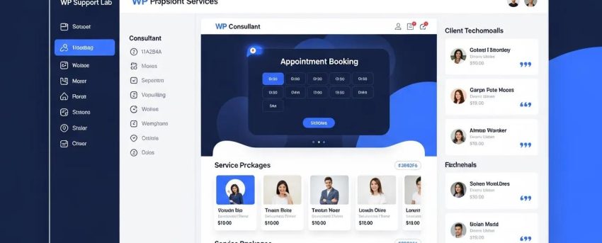 Professional services website builder dashboard showcasing a consultant homepage with booking widget and client testimonials