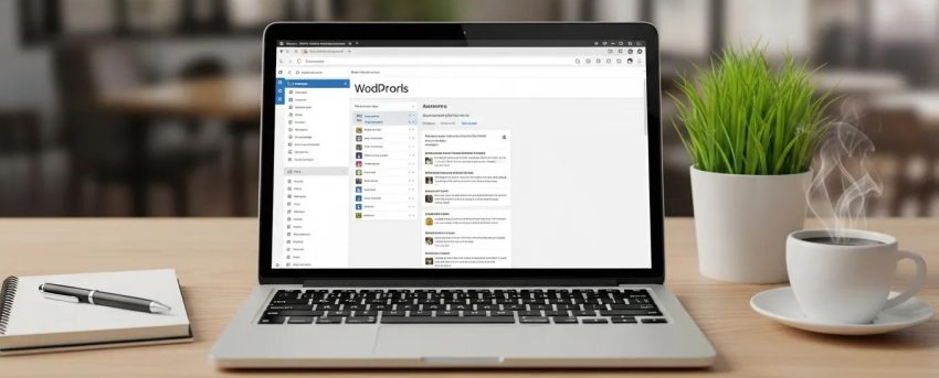 Professional workspace with a laptop showing WordPress dashboard, enhancing multisite management theme