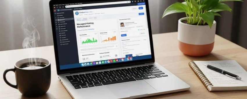 Professional workspace with a laptop showing WordPress dashboard, symbolizing managed hosting benefits