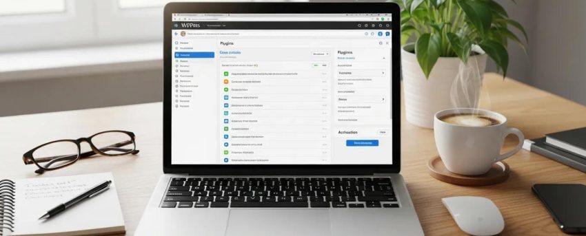 Professional workspace with WordPress dashboard on laptop, emphasizing plugin maintenance