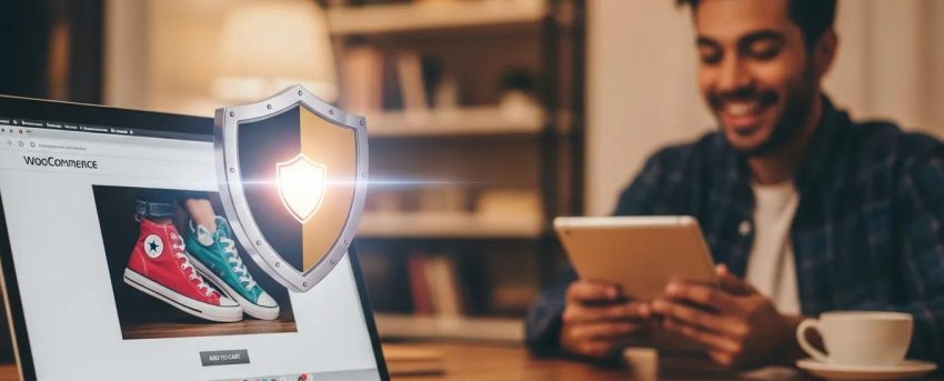 Secure online shopping environment with WooCommerce interface and security shield