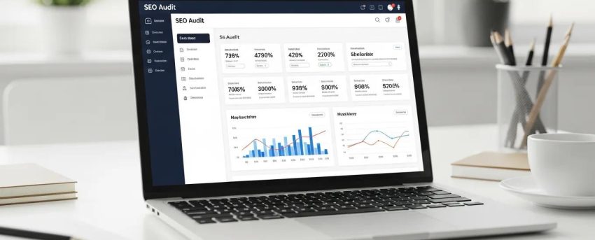 SEO audit dashboard on a laptop screen in a professional workspace