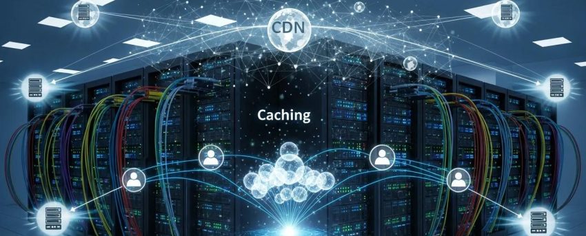 Server room showcasing advanced caching and CDN technology for improved website speed