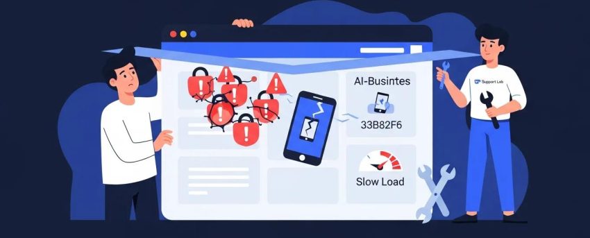 Small business owner discovering hidden risks in AI-built website, including security vulnerabilities and performance issues